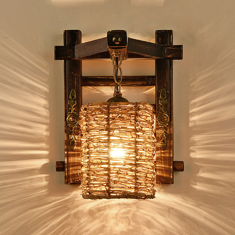 Hand-Woven Rattan Wall Light Fixture Lodge Style 1-Head Brown Sconce Lighting for Bedside, A/B Brown B Clearhalo 'Wall Lamps & Sconces' 'Wall Lights' Lighting' 616642