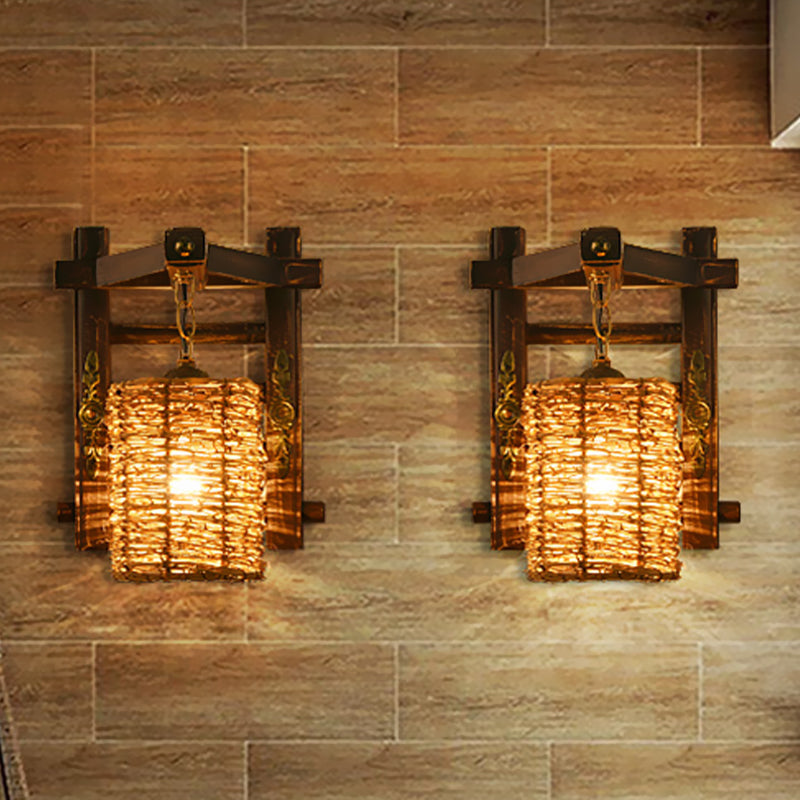 Hand-Woven Rattan Wall Light Fixture Lodge Style 1-Head Brown Sconce Lighting for Bedside, A/B Clearhalo 'Wall Lamps & Sconces' 'Wall Lights' Lighting' 616643