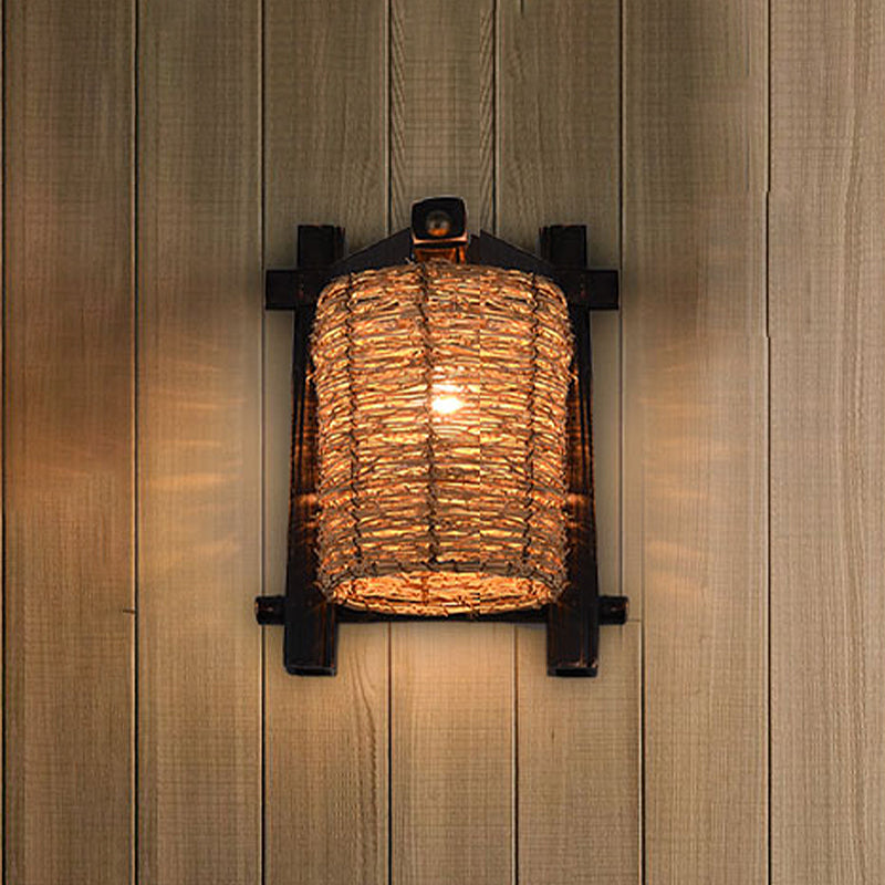 Hand-Woven Rattan Wall Light Fixture Lodge Style 1-Head Brown Sconce Lighting for Bedside, A/B Clearhalo 'Wall Lamps & Sconces' 'Wall Lights' Lighting' 616644