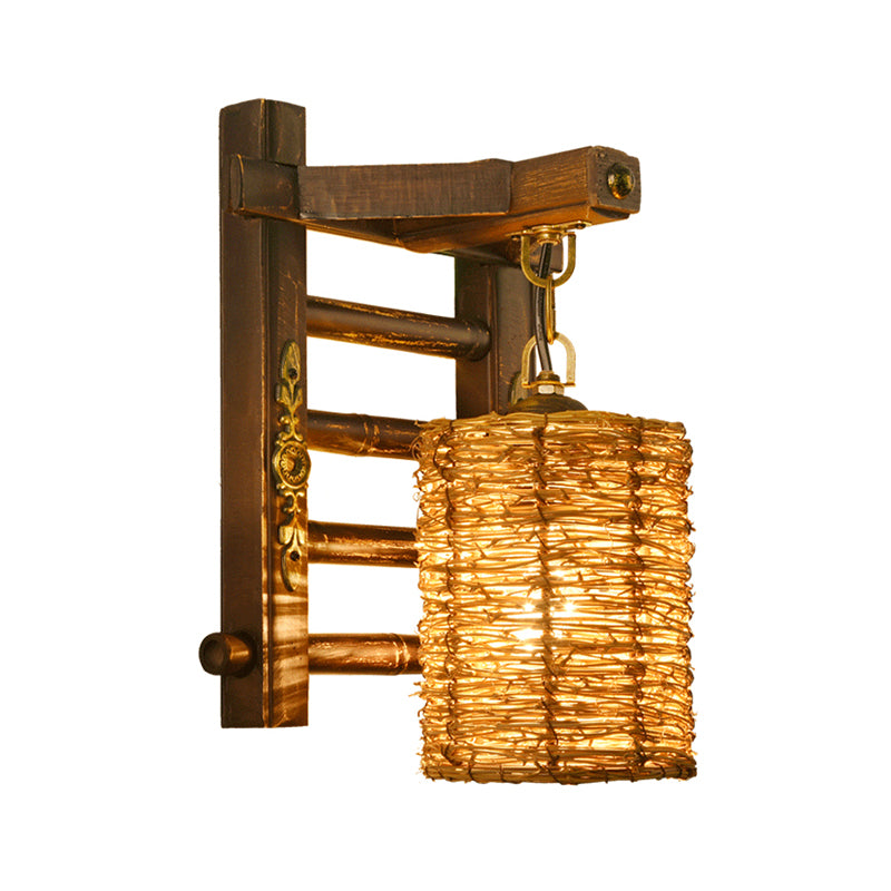 Hand-Woven Rattan Wall Light Fixture Lodge Style 1-Head Brown Sconce Lighting for Bedside, A/B Clearhalo 'Wall Lamps & Sconces' 'Wall Lights' Lighting' 616645