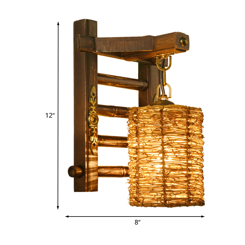 Hand-Woven Rattan Wall Light Fixture Lodge Style 1-Head Brown Sconce Lighting for Bedside, A/B Clearhalo 'Wall Lamps & Sconces' 'Wall Lights' Lighting' 616646