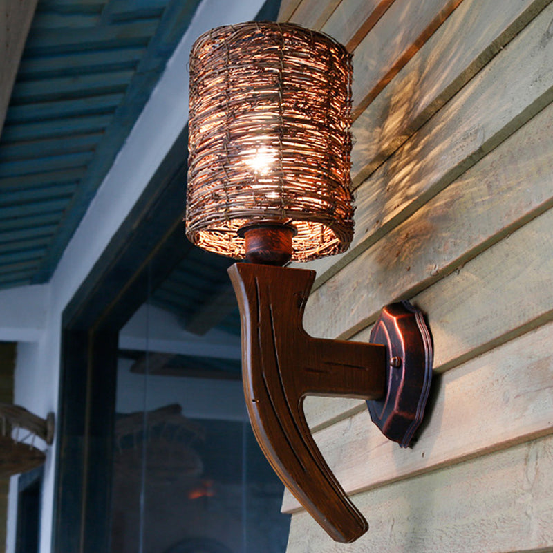 Hand-Woven Rattan Wall Light Fixture Lodge Style 1-Head Brown Sconce Lighting for Bedside, A/B Brown A Clearhalo 'Wall Lamps & Sconces' 'Wall Lights' Lighting' 616647