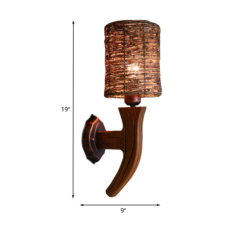Hand-Woven Rattan Wall Light Fixture Lodge Style 1-Head Brown Sconce Lighting for Bedside, A/B Clearhalo 'Wall Lamps & Sconces' 'Wall Lights' Lighting' 616651