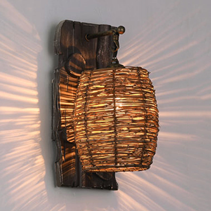 Hand-Woven Rattan Wall Light Fixture Lodge Style 1-Head Brown Sconce Lighting for Bedside, A/B Brown C Clearhalo 'Wall Lamps & Sconces' 'Wall Lights' Lighting' 616652