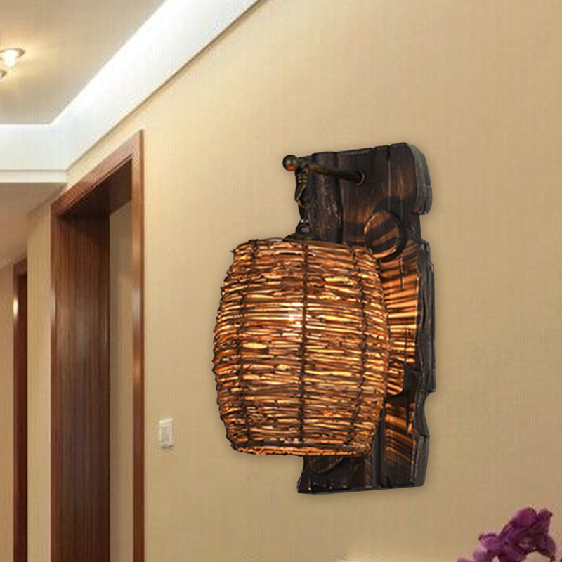 Hand-Woven Rattan Wall Light Fixture Lodge Style 1-Head Brown Sconce Lighting for Bedside, A/B Clearhalo 'Wall Lamps & Sconces' 'Wall Lights' Lighting' 616654