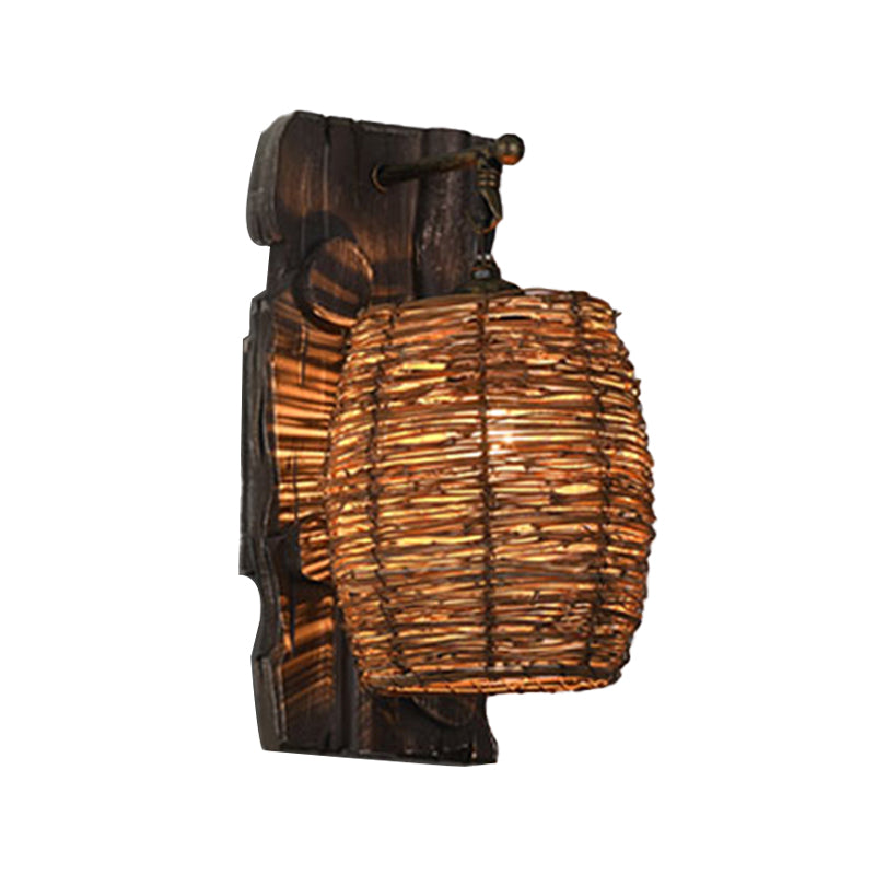 Hand-Woven Rattan Wall Light Fixture Lodge Style 1-Head Brown Sconce Lighting for Bedside, A/B Clearhalo 'Wall Lamps & Sconces' 'Wall Lights' Lighting' 616655