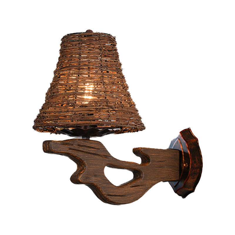 Hand-Woven Rattan Wall Light Fixture Lodge Style 1-Head Brown Sconce Lighting for Bedside, A/B Clearhalo 'Wall Lamps & Sconces' 'Wall Lights' Lighting' 616660