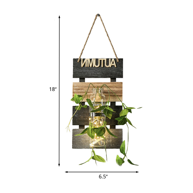 Dark Green/Light Green/Yellow Plant Wall Light Rustic String Light with Wooden Backplate Clearhalo 'Wall Lamps & Sconces' 'Wall Lights' Lighting' 616719