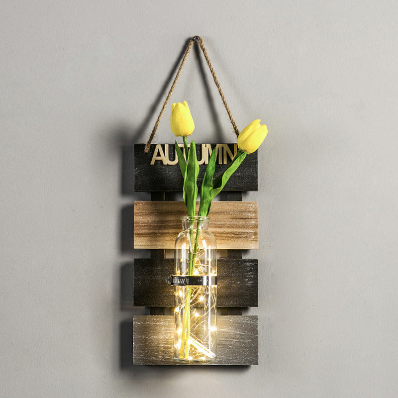 Dark Green/Light Green/Yellow Plant Wall Light Rustic String Light with Wooden Backplate Yellow Clearhalo 'Wall Lamps & Sconces' 'Wall Lights' Lighting' 616720