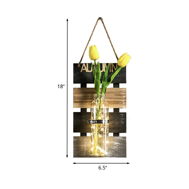 Dark Green/Light Green/Yellow Plant Wall Light Rustic String Light with Wooden Backplate Clearhalo 'Wall Lamps & Sconces' 'Wall Lights' Lighting' 616724