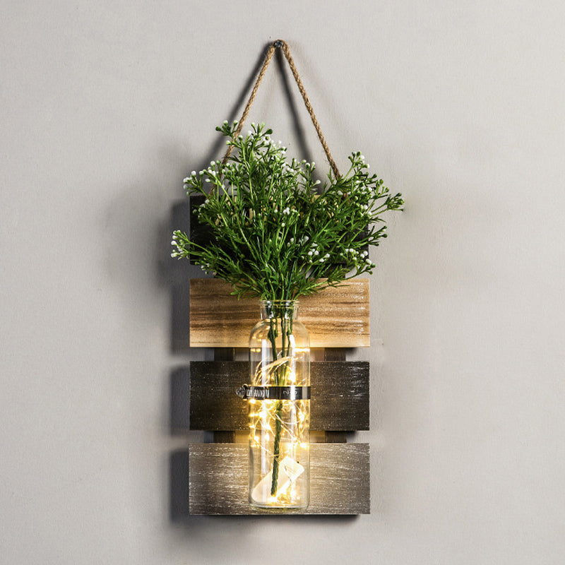 Dark Green/Light Green/Yellow Plant Wall Light Rustic String Light with Wooden Backplate Dark Green Clearhalo 'Wall Lamps & Sconces' 'Wall Lights' Lighting' 616725