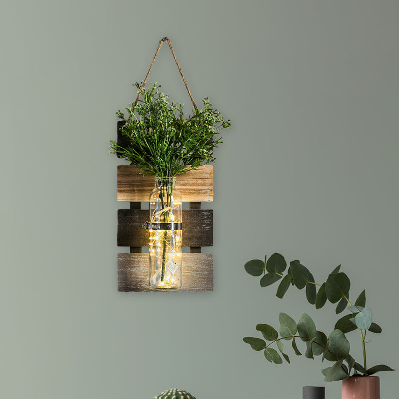 Dark Green/Light Green/Yellow Plant Wall Light Rustic String Light with Wooden Backplate Clearhalo 'Wall Lamps & Sconces' 'Wall Lights' Lighting' 616726