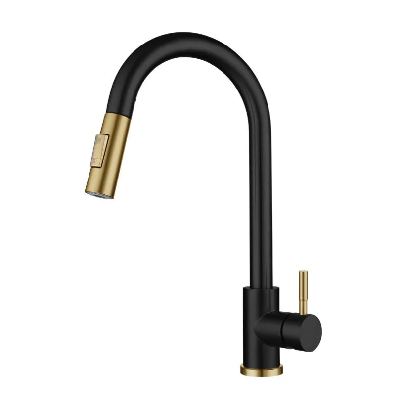 Modern Pull down Sprayer Water Filler One Handle High Arch Kitchen Faucet Black/ Gold Clearhalo 'Home Improvement' 'home_improvement' 'home_improvement_kitchen_faucets' 'Kitchen Faucets' 'Kitchen Remodel & Kitchen Fixtures' 'Kitchen Sinks & Faucet Components' 'kitchen_faucets' 6167306