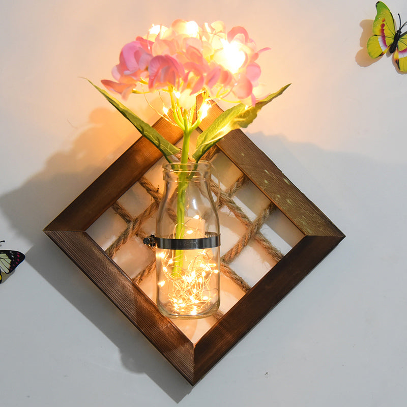 Pink Flower Accent Wall Light Asian Style Clear Glass String Light with Wood Backplate Pink Clearhalo 'Wall Lamps & Sconces' 'Wall Lights' Lighting' 616755