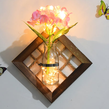 Pink Flower Accent Wall Light Asian Style Clear Glass String Light with Wood Backplate Pink Clearhalo 'Wall Lamps & Sconces' 'Wall Lights' Lighting' 616755