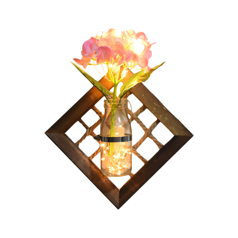 Pink Flower Accent Wall Light Asian Style Clear Glass String Light with Wood Backplate Clearhalo 'Wall Lamps & Sconces' 'Wall Lights' Lighting' 616758