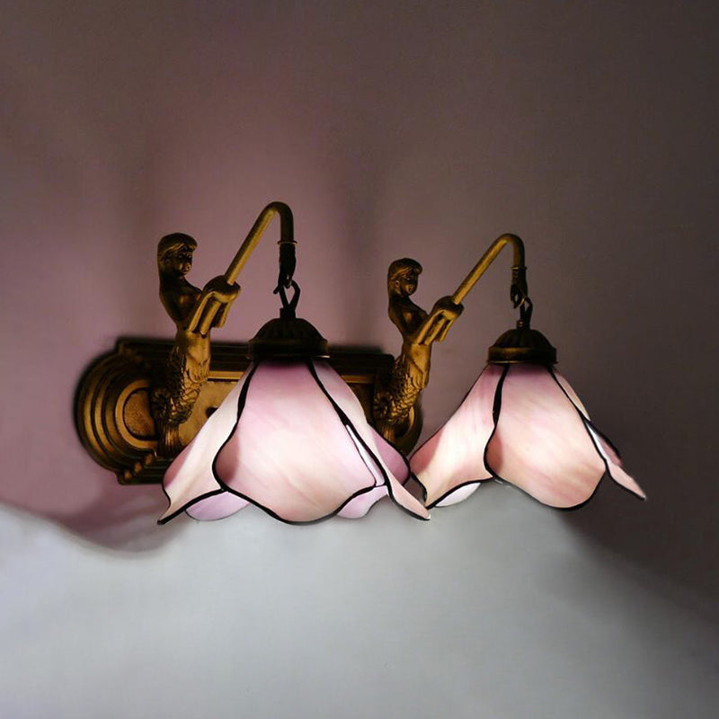 2 Lights Floral Sconce Lighting Tiffany Pink/Blue/Clear Glass Wall Mounted Light with Mermaid Backplate Pink Clearhalo 'Industrial' 'Middle century wall lights' 'Tiffany wall lights' 'Tiffany' 'Wall Lamps & Sconces' 'Wall Lights' Lighting' 61679