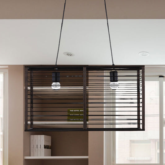 Black Rectangle Cage Island Lighting Modern Style 16"/19.5" W 2-Light Bamboo Suspension Lamp for Restaurant Black Clearhalo 'Ceiling Lights' 'Island Lights' Lighting' 616800