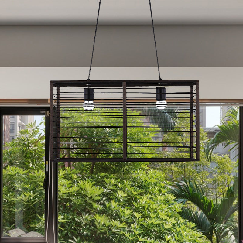 Black Rectangle Cage Island Lighting Modern Style 16"/19.5" W 2-Light Bamboo Suspension Lamp for Restaurant Clearhalo 'Ceiling Lights' 'Island Lights' Lighting' 616801