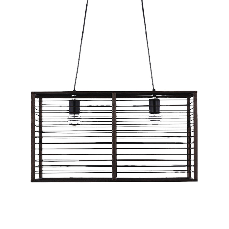 Black Rectangle Cage Island Lighting Modern Style 16"/19.5" W 2-Light Bamboo Suspension Lamp for Restaurant Clearhalo 'Ceiling Lights' 'Island Lights' Lighting' 616802
