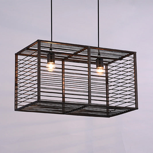 Black Rectangle Cage Island Lighting Modern Style 16"/19.5" W 2-Light Bamboo Suspension Lamp for Restaurant Clearhalo 'Ceiling Lights' 'Island Lights' Lighting' 616803