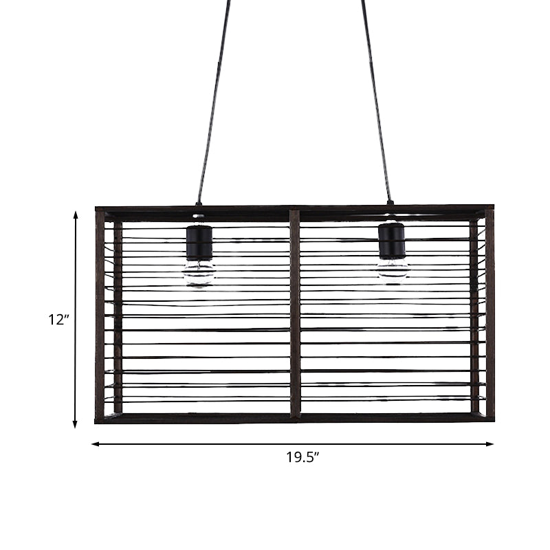 Black Rectangle Cage Island Lighting Modern Style 16"/19.5" W 2-Light Bamboo Suspension Lamp for Restaurant Clearhalo 'Ceiling Lights' 'Island Lights' Lighting' 616805