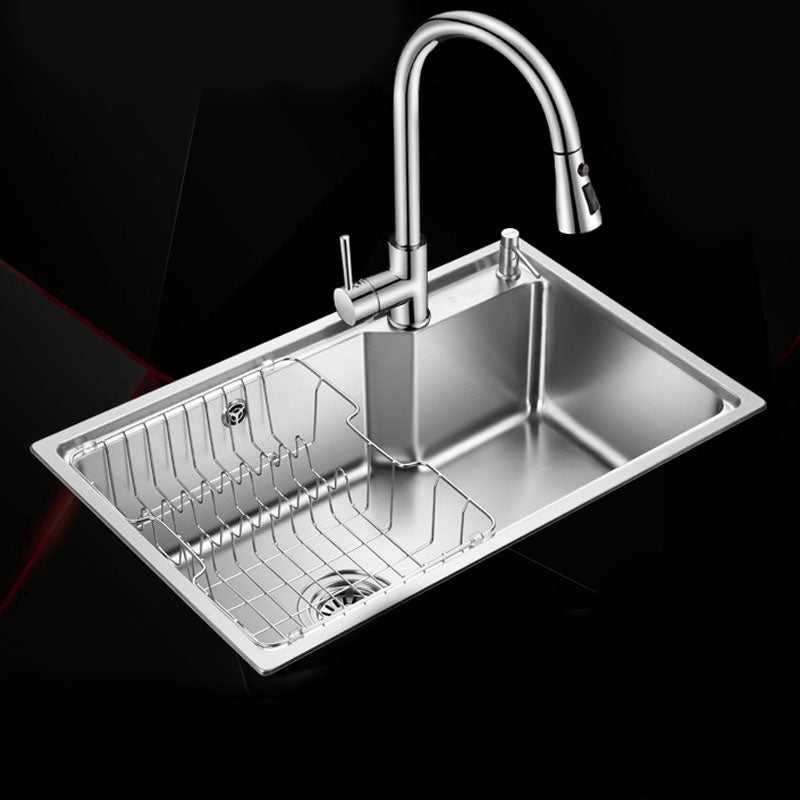 Contemporary Style Kitchen Sink Stainless Steel 2 Holes Drop-In Kitchen Sink 26.8"L x 17.3"W x 8.5"H Sink with Faucet Flare Pull Tap Clearhalo 'Home Improvement' 'home_improvement' 'home_improvement_kitchen_sinks' 'Kitchen Remodel & Kitchen Fixtures' 'Kitchen Sinks & Faucet Components' 'Kitchen Sinks' 'kitchen_sinks' 6168193
