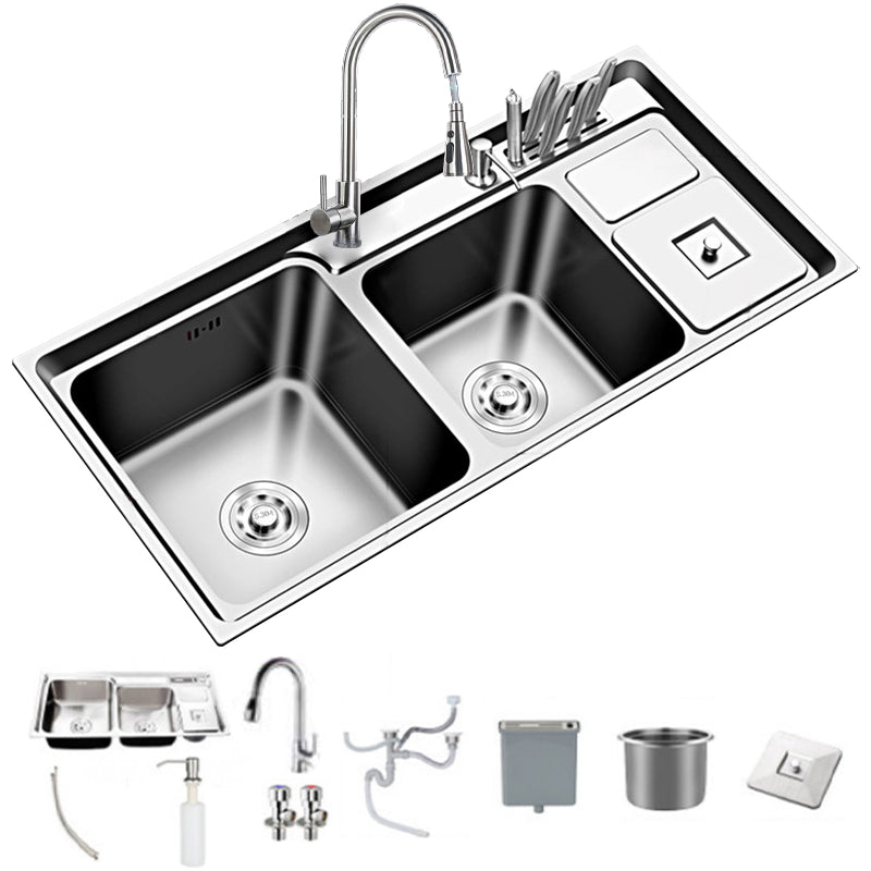 Large Triple Bowl Kitchen Sink Stainless Steel Chrome Sink with Accessories Sink with Faucet Pull Out Faucet Clearhalo 'Home Improvement' 'home_improvement' 'home_improvement_kitchen_sinks' 'Kitchen Remodel & Kitchen Fixtures' 'Kitchen Sinks & Faucet Components' 'Kitchen Sinks' 'kitchen_sinks' 6168234