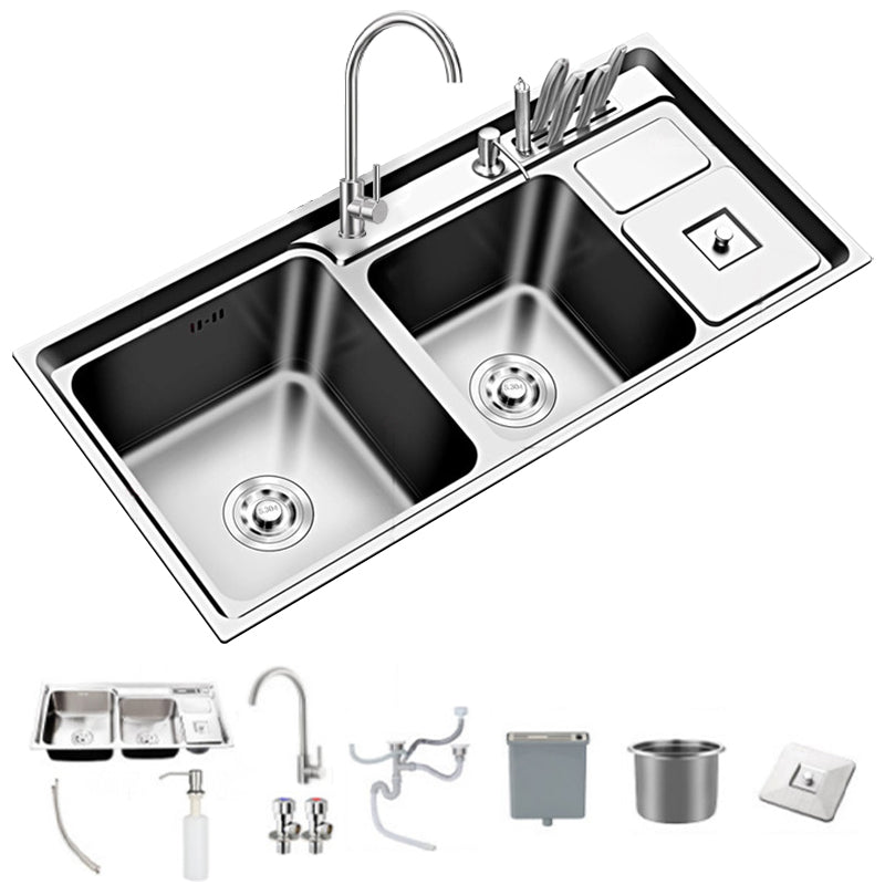 Large Triple Bowl Kitchen Sink Stainless Steel Chrome Sink with Accessories Sink with Faucet Round Faucet Clearhalo 'Home Improvement' 'home_improvement' 'home_improvement_kitchen_sinks' 'Kitchen Remodel & Kitchen Fixtures' 'Kitchen Sinks & Faucet Components' 'Kitchen Sinks' 'kitchen_sinks' 6168236