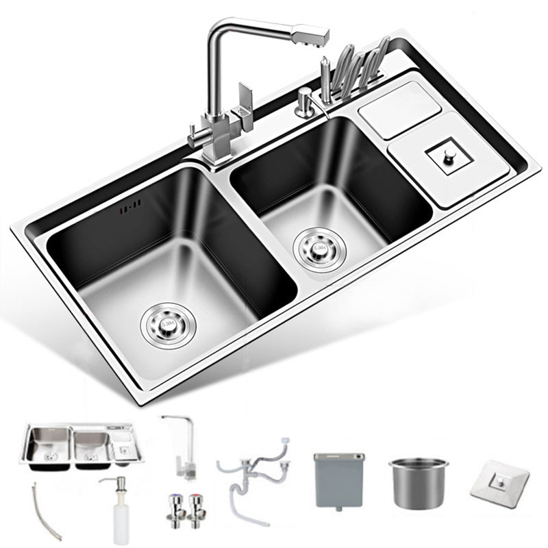 Large Triple Bowl Kitchen Sink Stainless Steel Chrome Sink with Accessories Sink with Faucet Square Faucet Clearhalo 'Home Improvement' 'home_improvement' 'home_improvement_kitchen_sinks' 'Kitchen Remodel & Kitchen Fixtures' 'Kitchen Sinks & Faucet Components' 'Kitchen Sinks' 'kitchen_sinks' 6168238