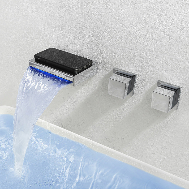 Square 3 Hole Bathroom Faucet 2-Handle Wall Mounted Bathroom Faucet with LED Lighting Clearhalo 'bathroom_sink_faucets' 'Conjunta de Baño y Conjunta de Grifo' 'Coronamiento de Baño y Dispositivo de Baño' 'Grifo del lavabo del baño' 'Hogar' 'home_improvement' 'home_improvement_bathroom_sink_faucets' 'Mejoras para el hogar' 6168545
