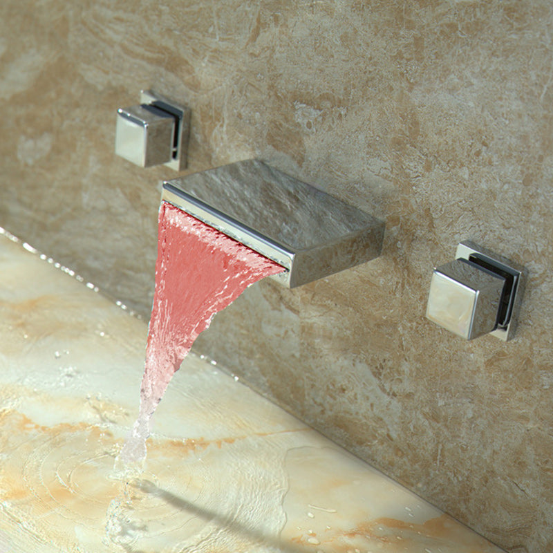 Square 3 Hole Bathroom Faucet 2-Handle Wall Mounted Bathroom Faucet with LED Lighting Led Spout Clearhalo 'bathroom_sink_faucets' 'Conjunta de Baño y Conjunta de Grifo' 'Coronamiento de Baño y Dispositivo de Baño' 'Grifo del lavabo del baño' 'Hogar' 'home_improvement' 'home_improvement_bathroom_sink_faucets' 'Mejoras para el hogar' 6168546