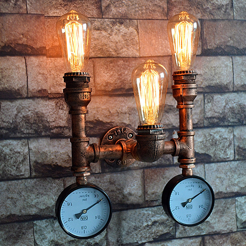 3 Lights Open Bulb Wall Lamp with Gauge/Valve Decoration Industrial Style Bronze Metal Wall Mount Light over Table Bronze Gauge Clearhalo 'Art deco wall lights' 'Cast Iron' 'Glass' 'Industrial wall lights' 'Industrial' 'Middle century wall lights' 'Modern' 'Rustic wall lights' 'Tiffany' 'Traditional wall lights' 'Wall Lamps & Sconces' 'Wall Lights' Lighting' 616867
