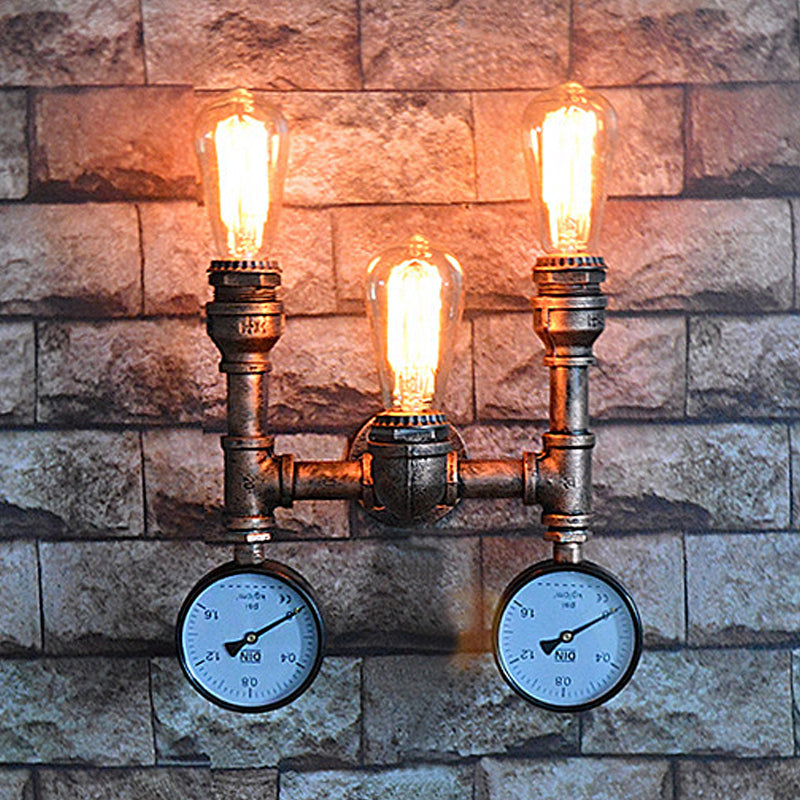 3 Lights Open Bulb Wall Lamp with Gauge/Valve Decoration Industrial Style Bronze Metal Wall Mount Light over Table Clearhalo 'Art deco wall lights' 'Cast Iron' 'Glass' 'Industrial wall lights' 'Industrial' 'Middle century wall lights' 'Modern' 'Rustic wall lights' 'Tiffany' 'Traditional wall lights' 'Wall Lamps & Sconces' 'Wall Lights' Lighting' 616868