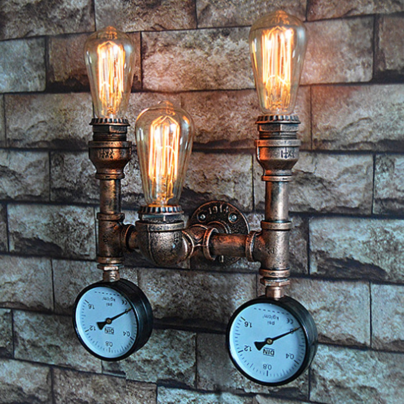 3 Lights Open Bulb Wall Lamp with Gauge/Valve Decoration Industrial Style Bronze Metal Wall Mount Light over Table Clearhalo 'Art deco wall lights' 'Cast Iron' 'Glass' 'Industrial wall lights' 'Industrial' 'Middle century wall lights' 'Modern' 'Rustic wall lights' 'Tiffany' 'Traditional wall lights' 'Wall Lamps & Sconces' 'Wall Lights' Lighting' 616869