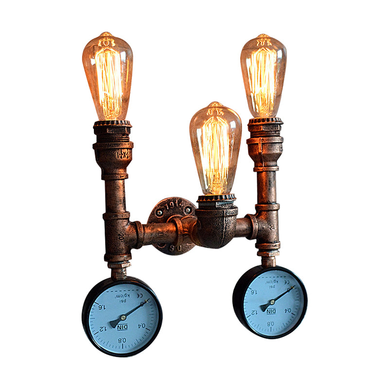 3 Lights Open Bulb Wall Lamp with Gauge/Valve Decoration Industrial Style Bronze Metal Wall Mount Light over Table Clearhalo 'Art deco wall lights' 'Cast Iron' 'Glass' 'Industrial wall lights' 'Industrial' 'Middle century wall lights' 'Modern' 'Rustic wall lights' 'Tiffany' 'Traditional wall lights' 'Wall Lamps & Sconces' 'Wall Lights' Lighting' 616870