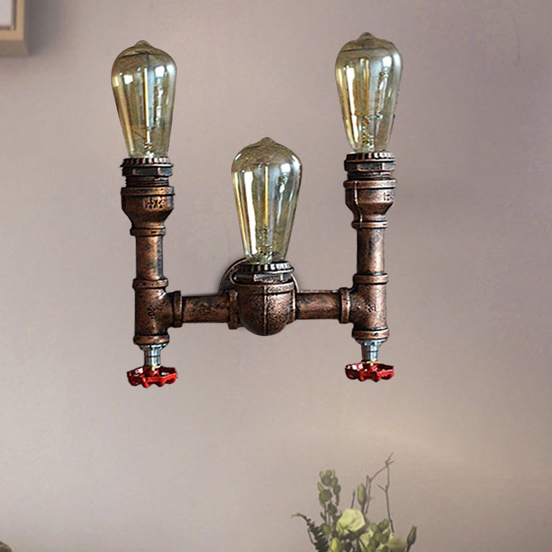 3 Lights Open Bulb Wall Lamp with Gauge/Valve Decoration Industrial Style Bronze Metal Wall Mount Light over Table Bronze Valve Clearhalo 'Art deco wall lights' 'Cast Iron' 'Glass' 'Industrial wall lights' 'Industrial' 'Middle century wall lights' 'Modern' 'Rustic wall lights' 'Tiffany' 'Traditional wall lights' 'Wall Lamps & Sconces' 'Wall Lights' Lighting' 616872
