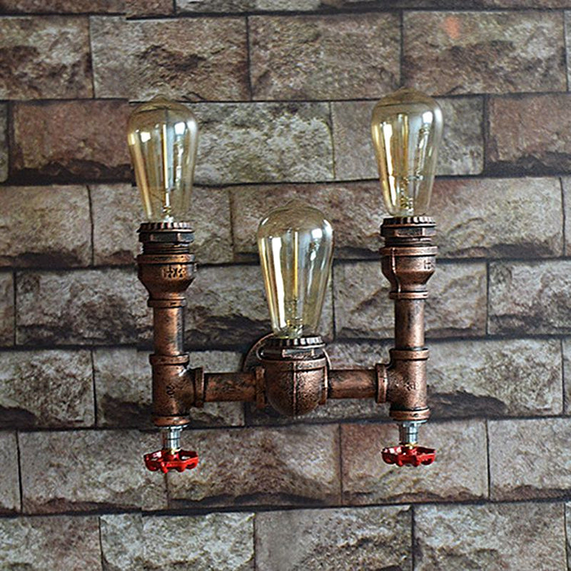 3 Lights Open Bulb Wall Lamp with Gauge/Valve Decoration Industrial Style Bronze Metal Wall Mount Light over Table Clearhalo 'Art deco wall lights' 'Cast Iron' 'Glass' 'Industrial wall lights' 'Industrial' 'Middle century wall lights' 'Modern' 'Rustic wall lights' 'Tiffany' 'Traditional wall lights' 'Wall Lamps & Sconces' 'Wall Lights' Lighting' 616874