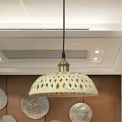 Hand-Worked Bamboo Hanging Light Modern 1 Head Beige Pendant Lamp with Barrel/Dome Shade for Coffee Shop Beige Dome Clearhalo 'Ceiling Lights' 'Pendant Lights' 'Pendants' Lighting' 616882_7db0de75-d68a-47cc-a07c-aa36d750a240
