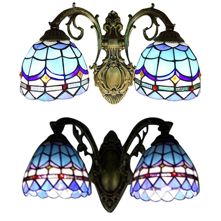 Baroque Dome Sconce Light with Curved Arm Stained Glass 2 Light Wall Light 11"/8.5" Height in Blue for Bedroom Clearhalo 'Industrial' 'Middle century wall lights' 'Tiffany wall lights' 'Tiffany' 'Wall Lamps & Sconces' 'Wall Lights' Lighting' 61720