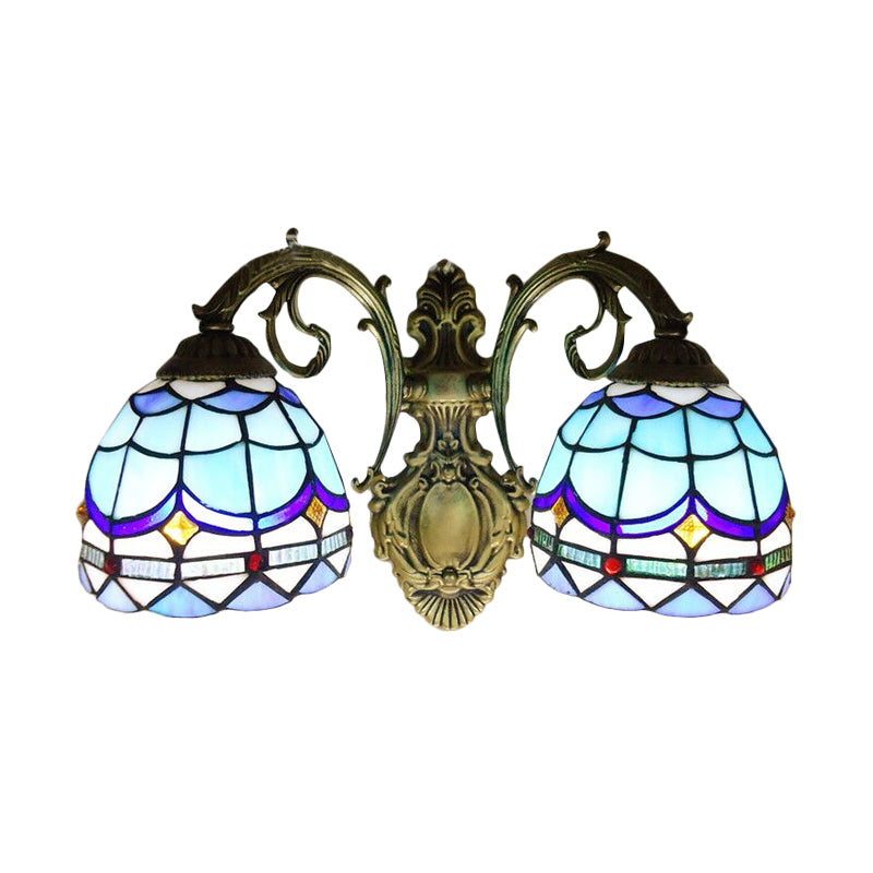Baroque Dome Sconce Light with Curved Arm Stained Glass 2 Light Wall Light 11"/8.5" Height in Blue for Bedroom Clearhalo 'Industrial' 'Middle century wall lights' 'Tiffany wall lights' 'Tiffany' 'Wall Lamps & Sconces' 'Wall Lights' Lighting' 61721