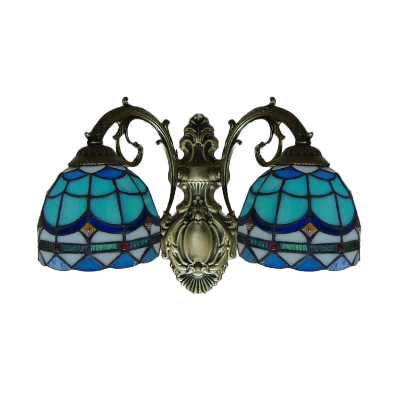 Baroque Dome Sconce Light with Curved Arm Stained Glass 2 Light Wall Light 11"/8.5" Height in Blue for Bedroom Clearhalo 'Industrial' 'Middle century wall lights' 'Tiffany wall lights' 'Tiffany' 'Wall Lamps & Sconces' 'Wall Lights' Lighting' 61722