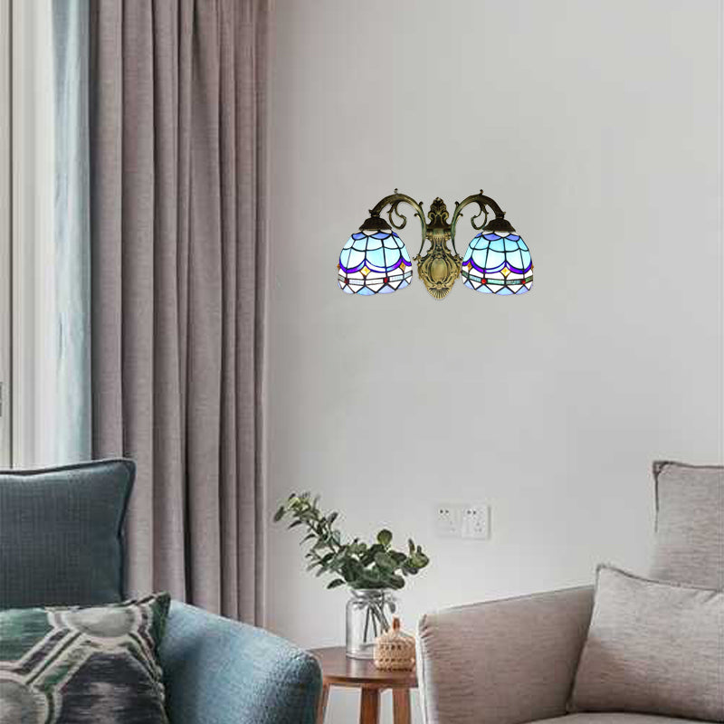 Baroque Dome Sconce Light with Curved Arm Stained Glass 2 Light Wall Light 11"/8.5" Height in Blue for Bedroom Blue 11" Clearhalo 'Industrial' 'Middle century wall lights' 'Tiffany wall lights' 'Tiffany' 'Wall Lamps & Sconces' 'Wall Lights' Lighting' 61723