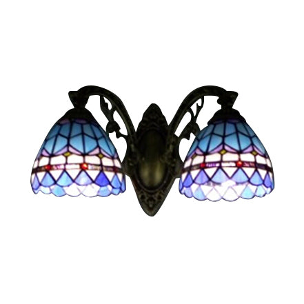 Baroque Dome Sconce Light with Curved Arm Stained Glass 2 Light Wall Light 11"/8.5" Height in Blue for Bedroom Clearhalo 'Industrial' 'Middle century wall lights' 'Tiffany wall lights' 'Tiffany' 'Wall Lamps & Sconces' 'Wall Lights' Lighting' 61724