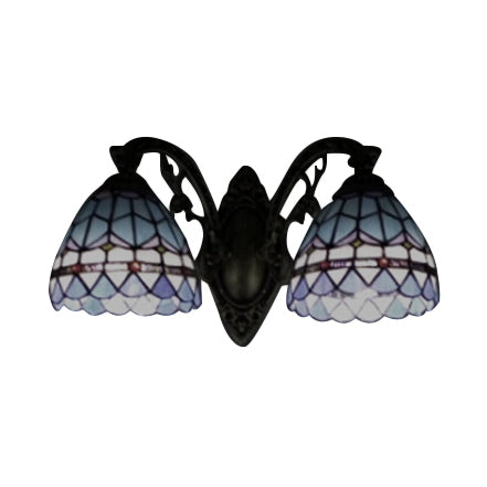Baroque Dome Sconce Light with Curved Arm Stained Glass 2 Light Wall Light 11"/8.5" Height in Blue for Bedroom Clearhalo 'Industrial' 'Middle century wall lights' 'Tiffany wall lights' 'Tiffany' 'Wall Lamps & Sconces' 'Wall Lights' Lighting' 61725