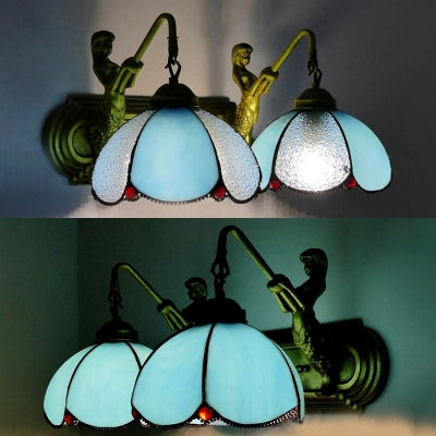 2 Head Petal Wall Mounted Light Mediterranean Clear/Blue Glass Sconce Light with Mermaid Backplate Clearhalo 'Industrial' 'Middle century wall lights' 'Tiffany wall lights' 'Tiffany' 'Wall Lamps & Sconces' 'Wall Lights' Lighting' 61735
