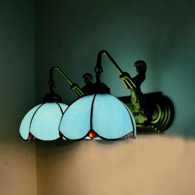 2 Head Petal Wall Mounted Light Mediterranean Clear/Blue Glass Sconce Light with Mermaid Backplate Blue Clearhalo 'Industrial' 'Middle century wall lights' 'Tiffany wall lights' 'Tiffany' 'Wall Lamps & Sconces' 'Wall Lights' Lighting' 61736