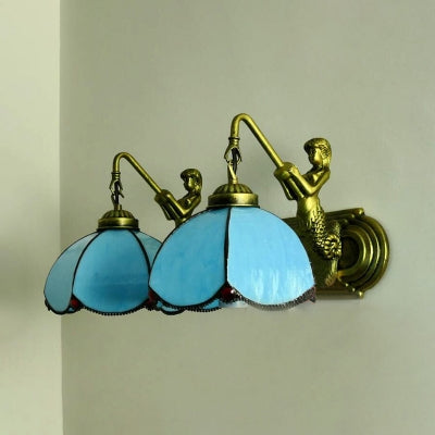 2 Head Petal Wall Mounted Light Mediterranean Clear/Blue Glass Sconce Light with Mermaid Backplate Clearhalo 'Industrial' 'Middle century wall lights' 'Tiffany wall lights' 'Tiffany' 'Wall Lamps & Sconces' 'Wall Lights' Lighting' 61737