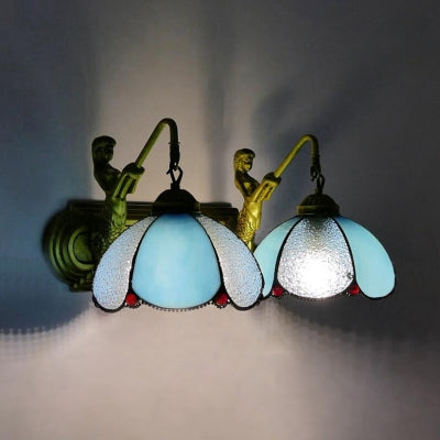 2 Head Petal Wall Mounted Light Mediterranean Clear/Blue Glass Sconce Light with Mermaid Backplate Clear Clearhalo 'Industrial' 'Middle century wall lights' 'Tiffany wall lights' 'Tiffany' 'Wall Lamps & Sconces' 'Wall Lights' Lighting' 61738
