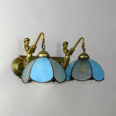 2 Head Petal Wall Mounted Light Mediterranean Clear/Blue Glass Sconce Light with Mermaid Backplate Clearhalo 'Industrial' 'Middle century wall lights' 'Tiffany wall lights' 'Tiffany' 'Wall Lamps & Sconces' 'Wall Lights' Lighting' 61739